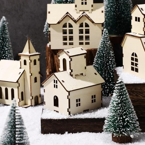 Hiboom 24 Pcs DIY Christmas Village Set - Rustic Wooden Houses & Church for Winter Decor