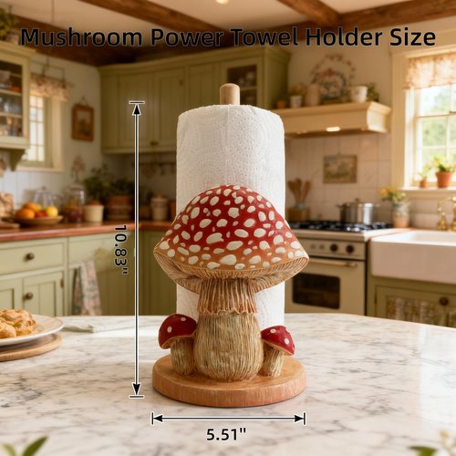 Mushroom Paper Towel Holder, Decorative Paper Towel Holder for Kitchen, Standing Paper Towel Holders Cute, Wood Roll Holder for Kitchen Accessories,Bathroom,Farmhouse,Christmas,Housewarming