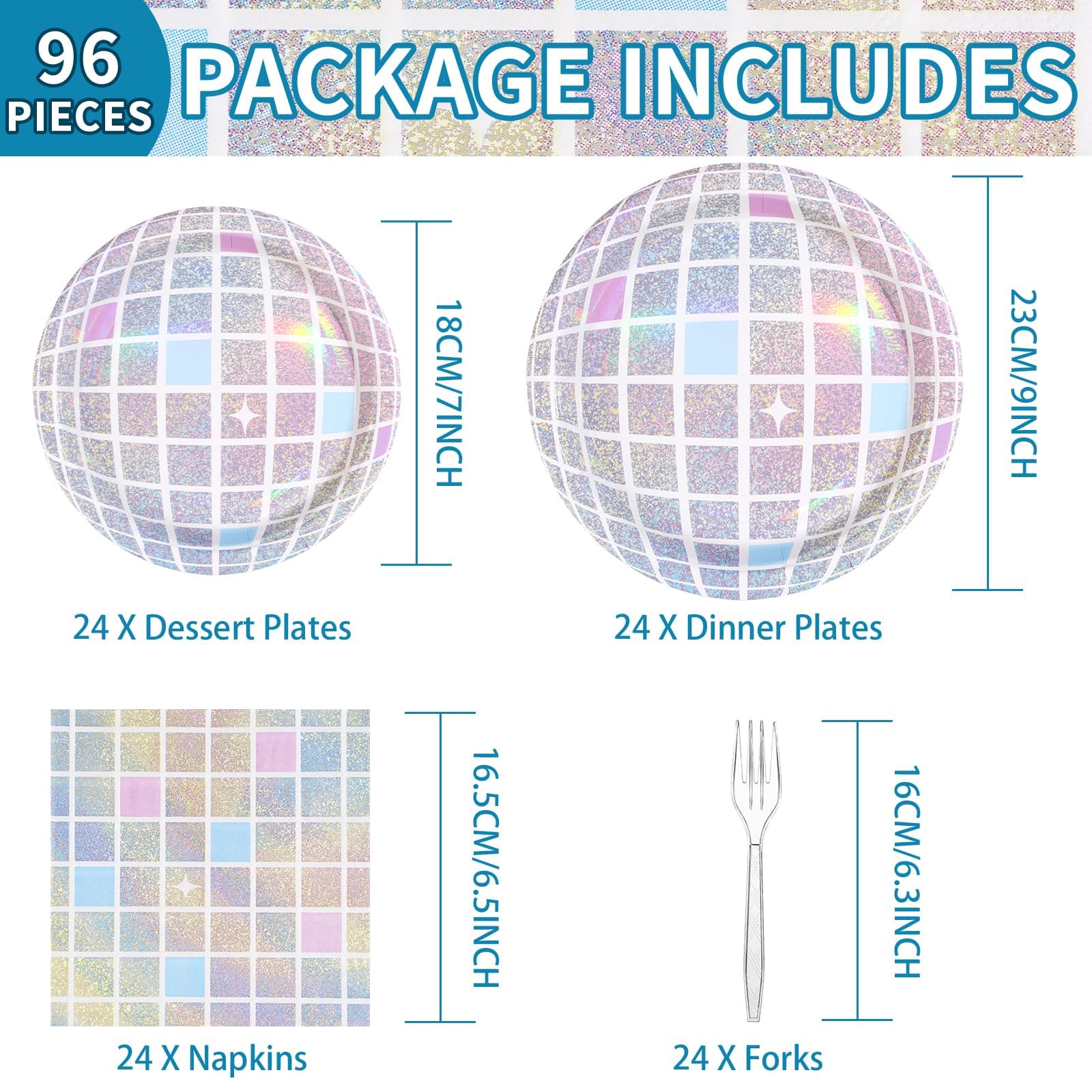 96Pcs Disco Party Supplies Pink Pastel Silver Disco Ball Plates and Napkins Sets Rainbow Iridescent Birthday Decorations for Dancing Queen 17th Wedding Sprinkle Bachelorette 70s Disco Party Serves 24