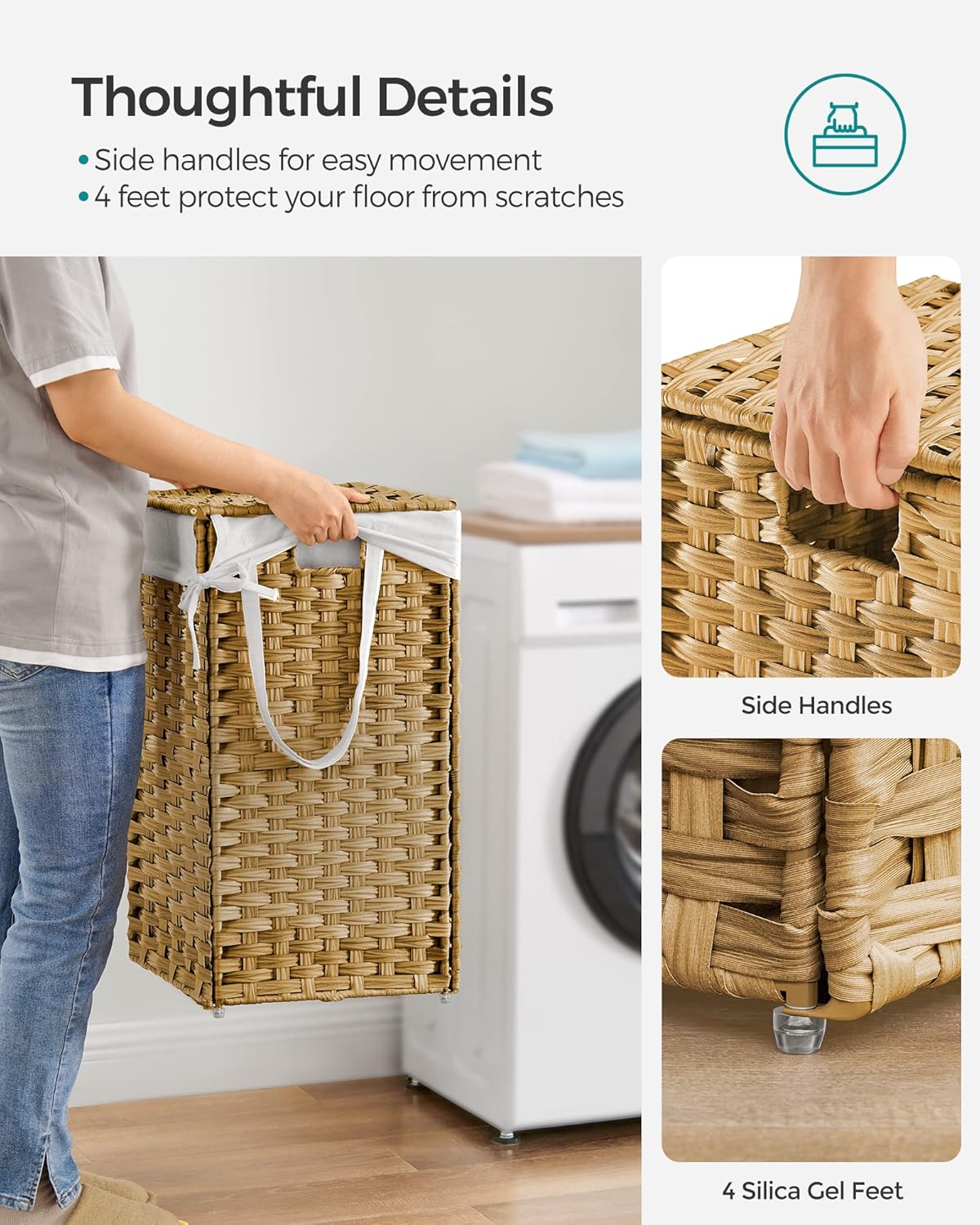 SONGMICS Laundry Hamper - 17.2 Gallon Synthetic Rattan Basket with Lid & Handles | Foldable, Goose Yellow
