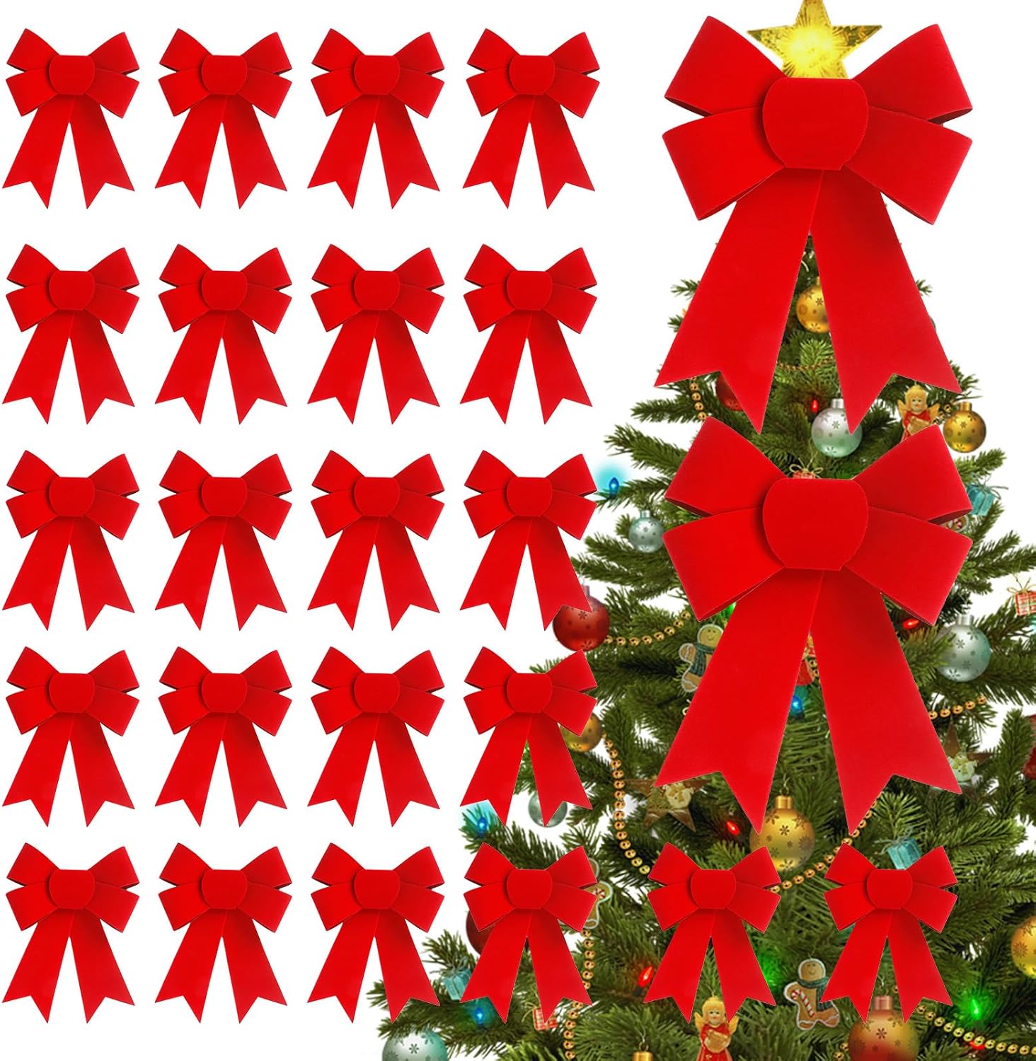 Regine Switzerland 24 PCS Red Velvet Bows - Festive Hanging Decorations for Christmas Trees & Wreaths