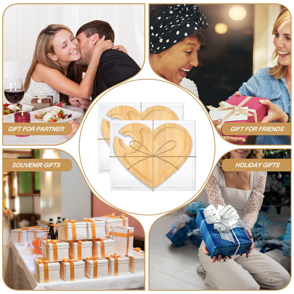 Menkxi 12 Set Wine Appetizer Plates Mini Charcuterie Boards with Wine Glass Holder and Box Gifts for Bridal Shower Game Prizes Wooden Cocktail Cheese Plate for Guests Baby Shower(Heart,Light Color)