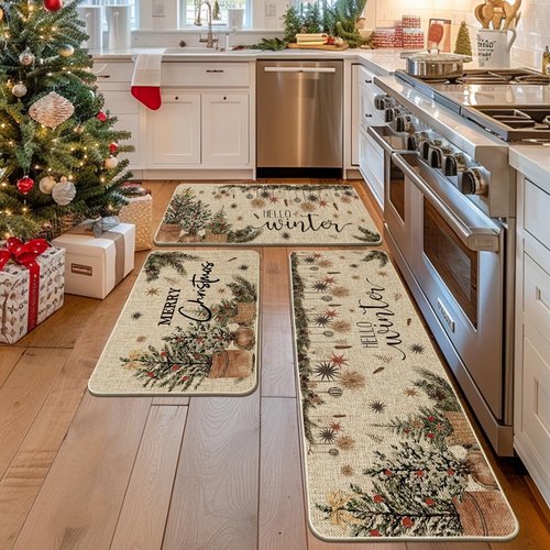 Artoid Mode Holly Ornament Merry Christmas Kitchen Mats Set of 2, Winter Home Decor Low-Profile Kitchen Rugs for Floor - 24"x35"+24"x59"+24"x72"