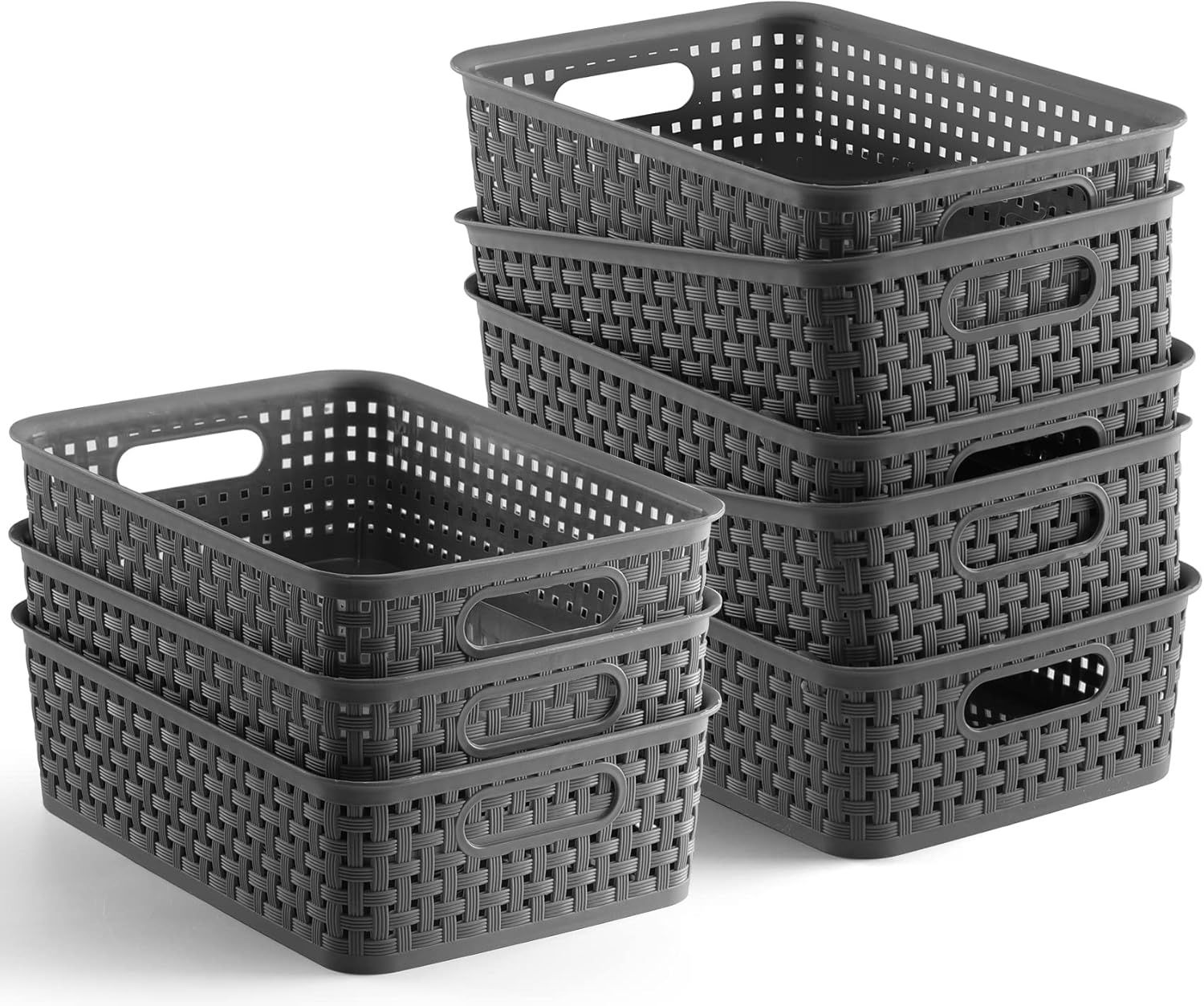 NETANY Plastic Storage Baskets - 8 Pack, Durable & Flexible Gray Organizers for Closets & Shelves