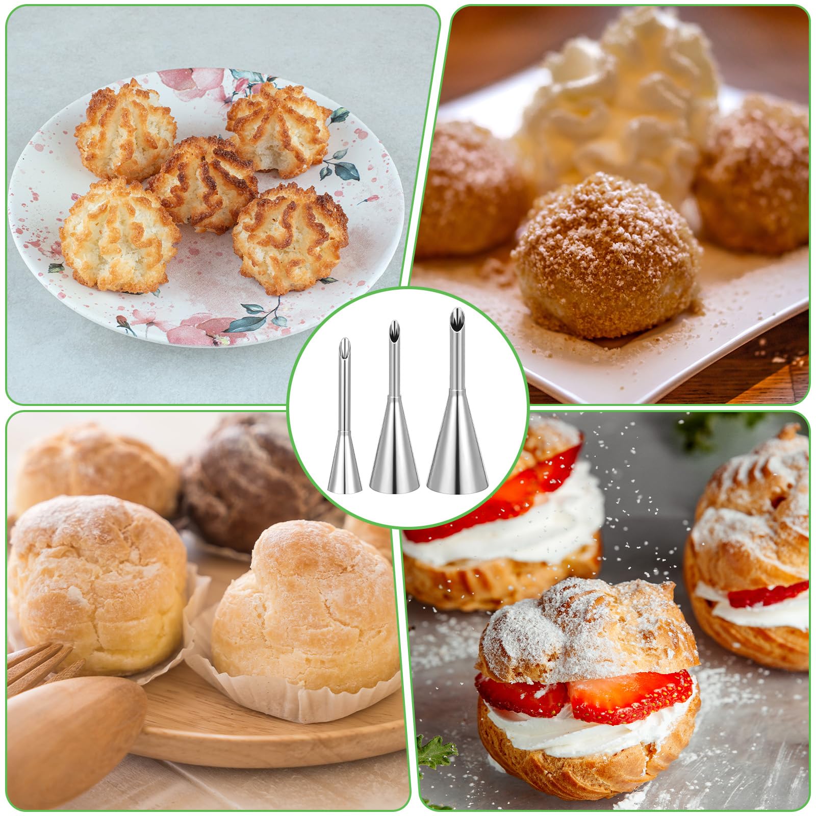 Wanmu Cream Filling Piping Tip, 3PCS Long Puff Nozzle Tips with 50 Disposable Pastry Piping Bags & Injector Tip Cleaning Brush for Donuts, Cupcakes, Cream Puffs