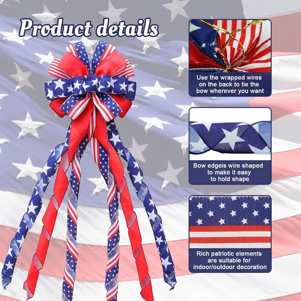 Patriotic 4th of July Tree Topper Bow by [Brand Name] - Pre-Tied 52x13 Inch Ribbon for Wreaths & Decor | Red, Blue, White