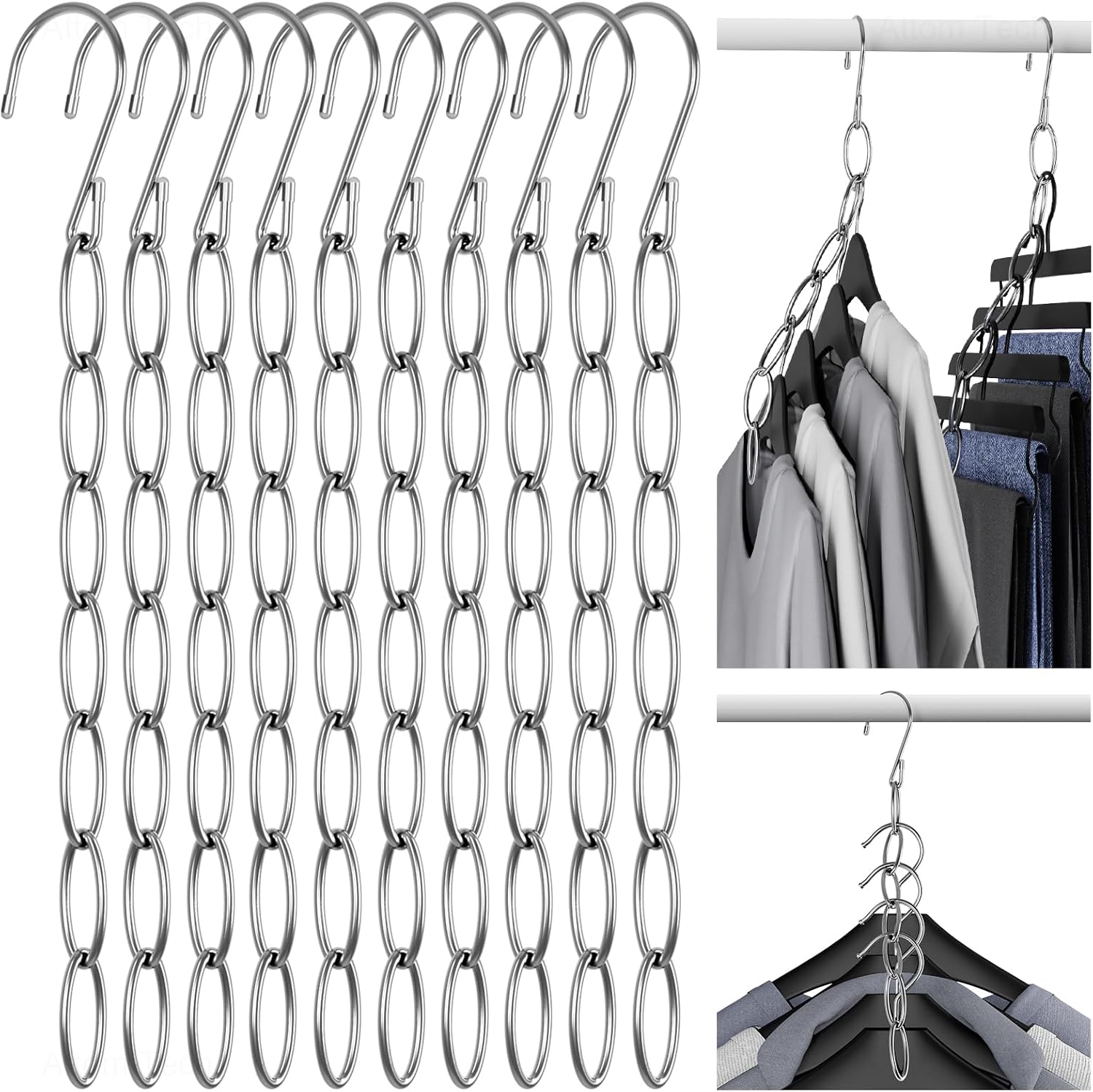 NiHome Clothing Chain Hanger - 10-Pack Metal Closet Organizer with 7 Holes | Space-Saving Solution for Home & Travel