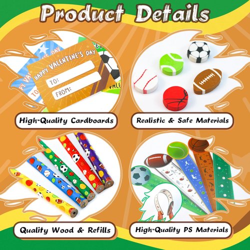 PaLeyFer 30 Pack-210+ Piece Sports Stationery Gift Set, Valentines Day Gifts Cards for Kids Classroom Exchange Prize, Valentine's Sports Party Favors with Cards Cups Pencils Rulers Stickers Erasers