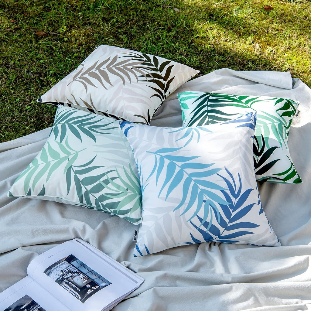 MIULEE Decorative Outdoor Throw Pillow Covers - Waterproof Natural Leaves Pattern, 18x18 Inch, Blue - Pack of 2