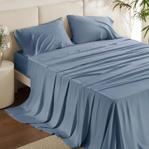 Bedsure Cooling Bed Sheets - Breathable Rayon from Bamboo, Deep Pocket Up to 16 Inches, Dusty Blue