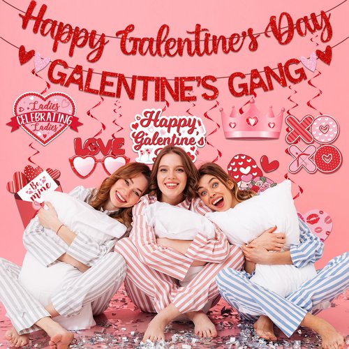 Lenyunge Galentines Day Decor, Galentines Gang Banner & Decorations, Red & Pink Heart Shaped, Leslie Knope Theme