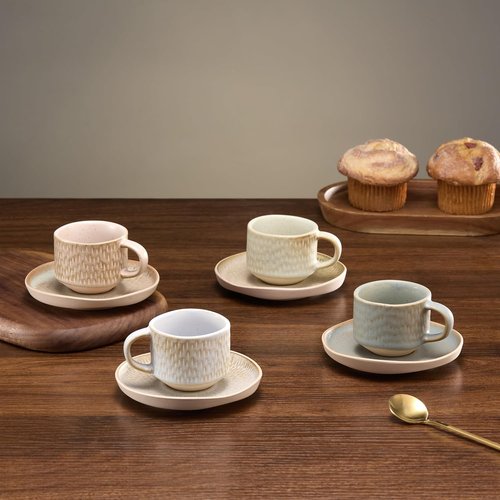 KooK Espresso Mug and Saucer Set - Rustic Ceramic Cups with Feathered Texture | Dishwasher Safe, 2.7 oz, Set of 4