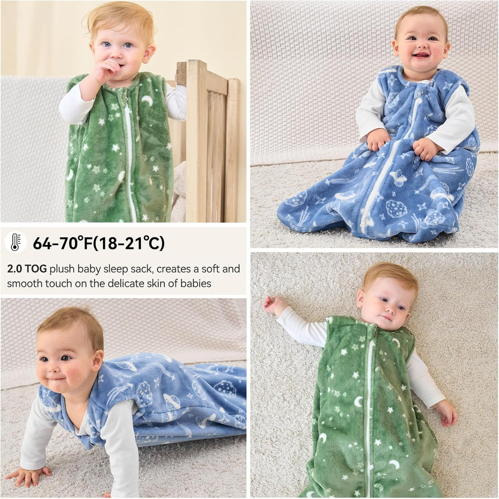 Unnivoll Fleece Baby Sleep Sack - 2.0 Tog Wearable Blanket with 2-Way Zipper | 6-12 Months, Medium Blue Green Planet