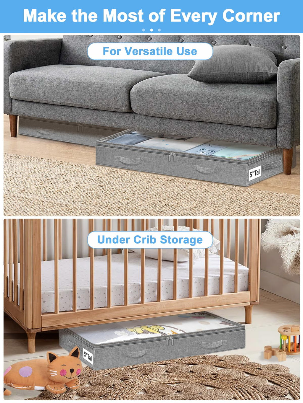 punemi 5 Inches High Low Profile Under Bed Storage Containers，No-Structure,Soft Fabric Zippered Underbed Storage bins for Clothes and Blankets— Fits Under Crib, Couch or Dorm bed,2-Pack,Grey