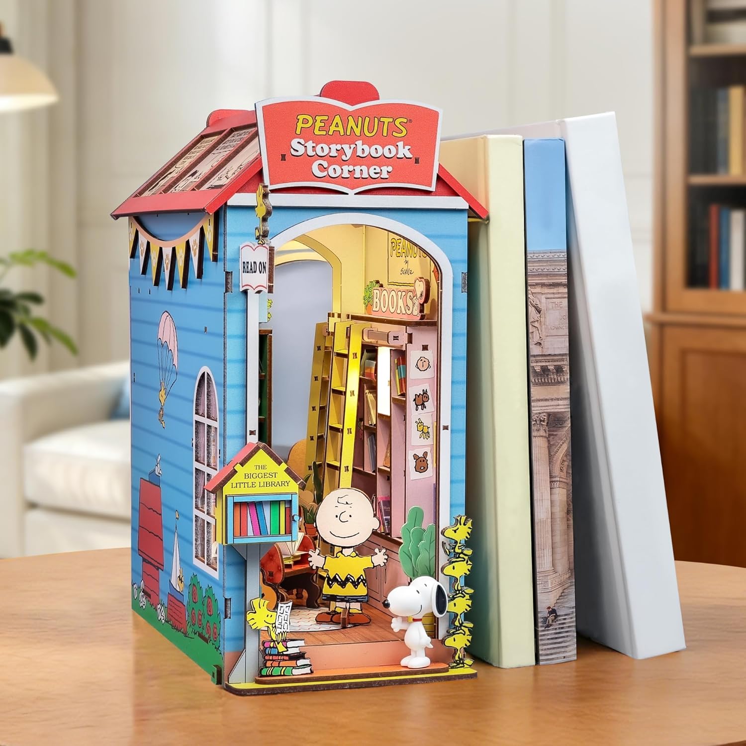 Peanuts Storybook Corner Book Nook Kit - 3D Wooden Puzzle with Snoopy Figurine & LED Light-Up House