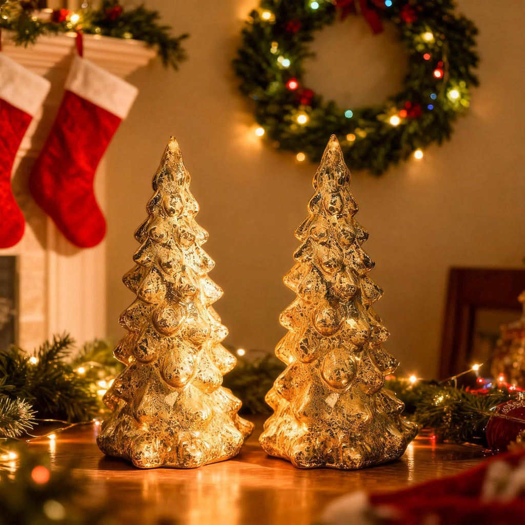 Regine Switzerland Mercury Glass Christmas Tree Set - Gold Collectible Figurines with LED | Indoor Table Centerpiece