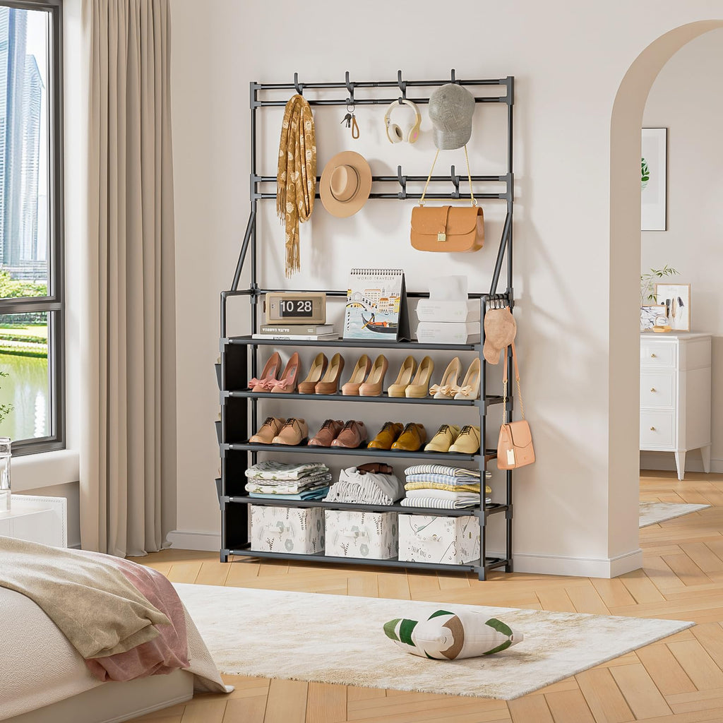 OYREL Shoe Rack 5 Tier Shoe Racks Organizer 20-25 Pairs Shoes Rack for Closet Entrance Shoe Storage Organizer with Hooks and Side Pocket Entryway Shoe Holder Space Saving Free Standing Shoe Racks