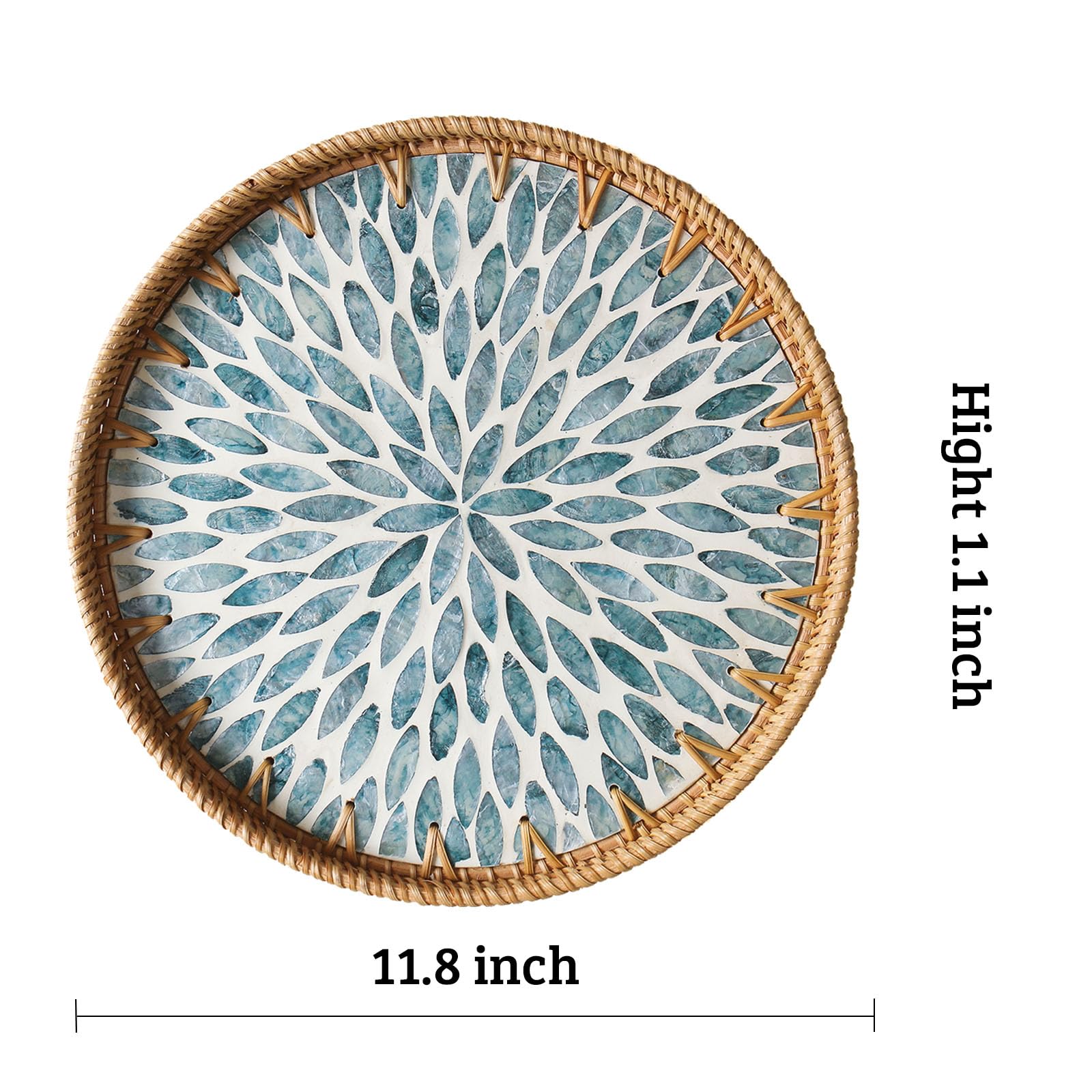 Aayoruro Round Rattan Tray with Mother of Pearl Inlay, Decorative Wicker Serving Tray with Wooden Base, Woven Basket Trays for Bread Fruits Coffee, Light Blue