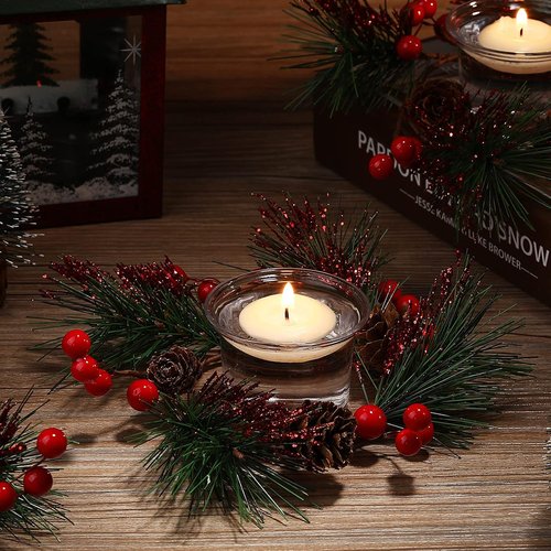 Dingion Christmas Candle Rings Set - 8 Pieces with Berry and Pinecone Holders for Votive Tapers