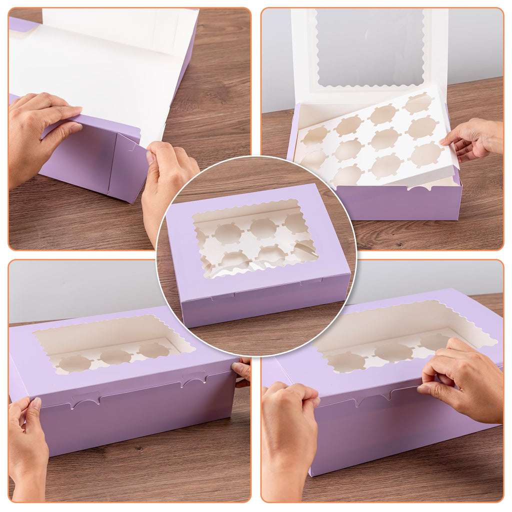 Hoewina 6PCS Cupcake Boxes - Hold 12 Count Cupcake Containers with Window, Food Grade Cupcake Holder Easy Transport and Presentation - Ideal for Cupcakes, Desserts, and More (Light Purple)