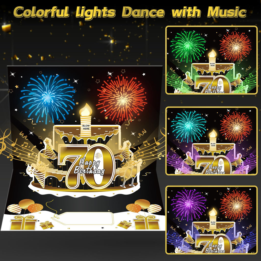 Turypaty 70th Birthday Cards Pop Up 3D Cake - Firework & Music & Blow Out Candle Light Funny Happy 70 Black Gold Birthday Card Gifts for Men, Women, Friends, Boyfriend, Dad, Mom, Husband, Wife