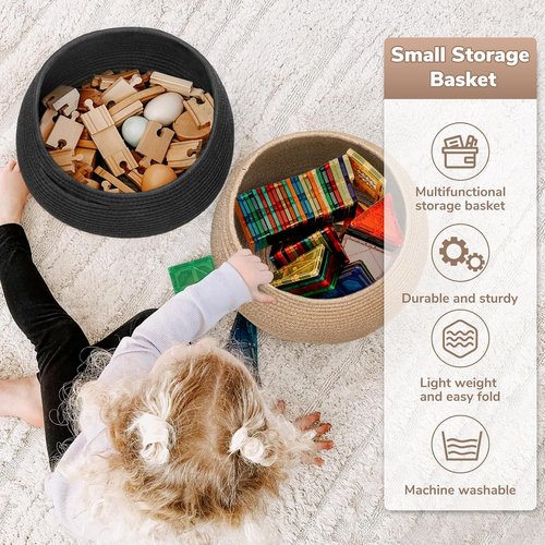 Goodpick Small Rope Storage Basket - Stylish Black Round Basket for Socks, Toys & Towels | 10 x 8.3 Inches