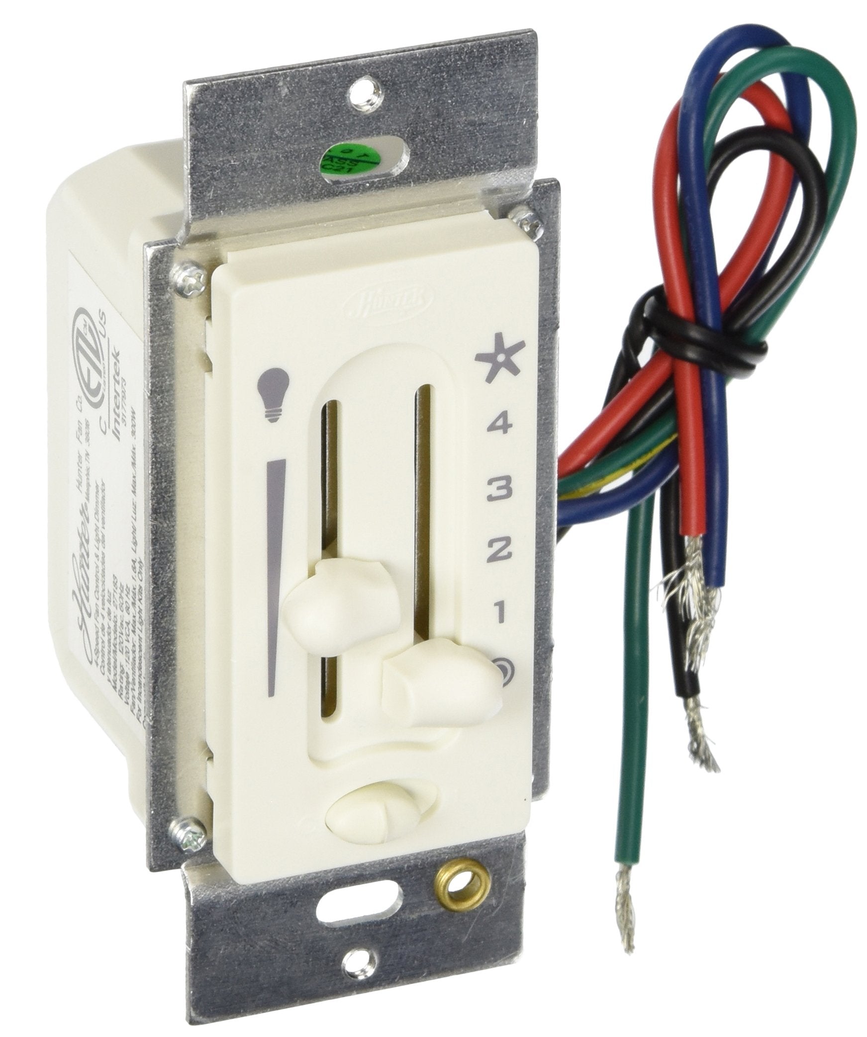 Hunter Dual Slide Ceiling Fan Wall Control Switch with Preset - for Hunter & Casablanca Fans, 4 Speed Control, Full Range Light Dimmer, Indoor Wall Switch - 27183
