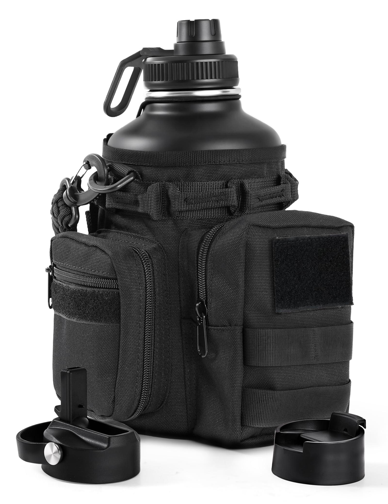 banloga Tactical Half Gallon Water Bottle with Straw, 64 Oz Insulated Water Jug with Molle Water Bottle Holder, Stainless Steel Sport Bottle with 3 BPA Free Lids for Gym Workout Hiking (Black)