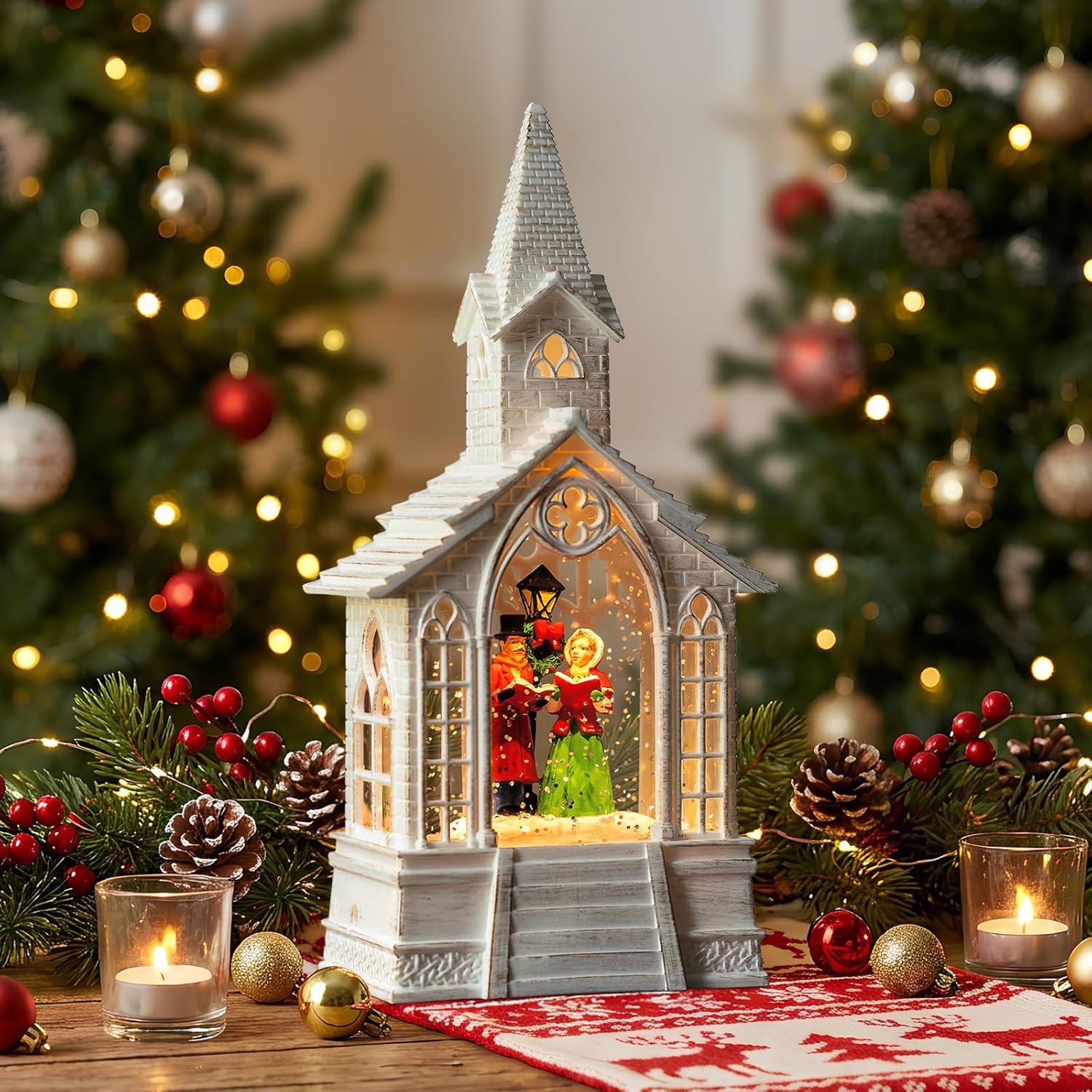 Regine Switzerland Christmas Village Snow Globe - Church Choir Water Lantern | Silent Night Music Holiday Decor Gift