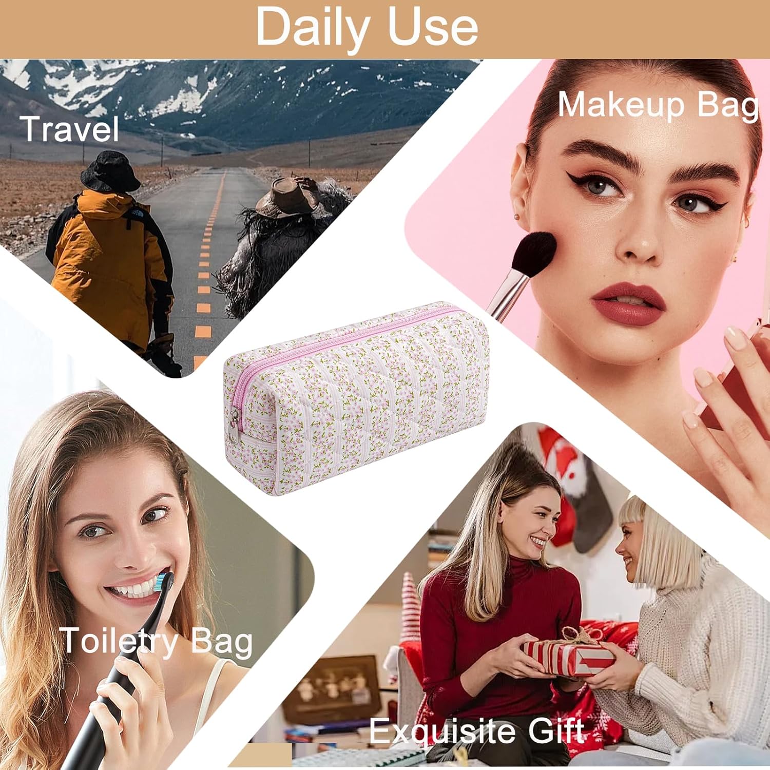 Skiennix Cute Floral Makeup Brush Bag - Quilted Travel Organizer Case | Pink Floral Design