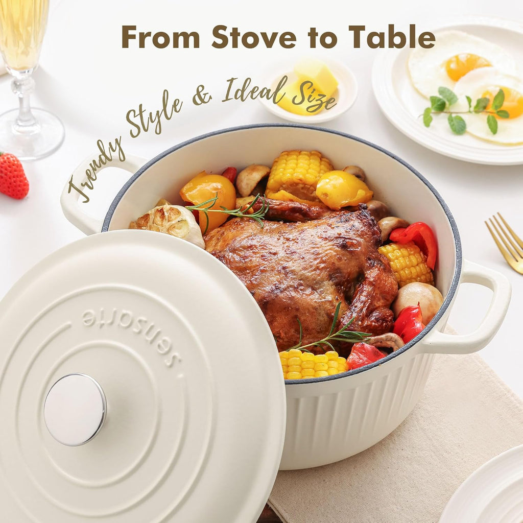 SENSARTE Enameled Cast Iron Dutch Oven - 3.5 Quart Heavy-Duty Kitchen Pot with Lid & Potholders | White