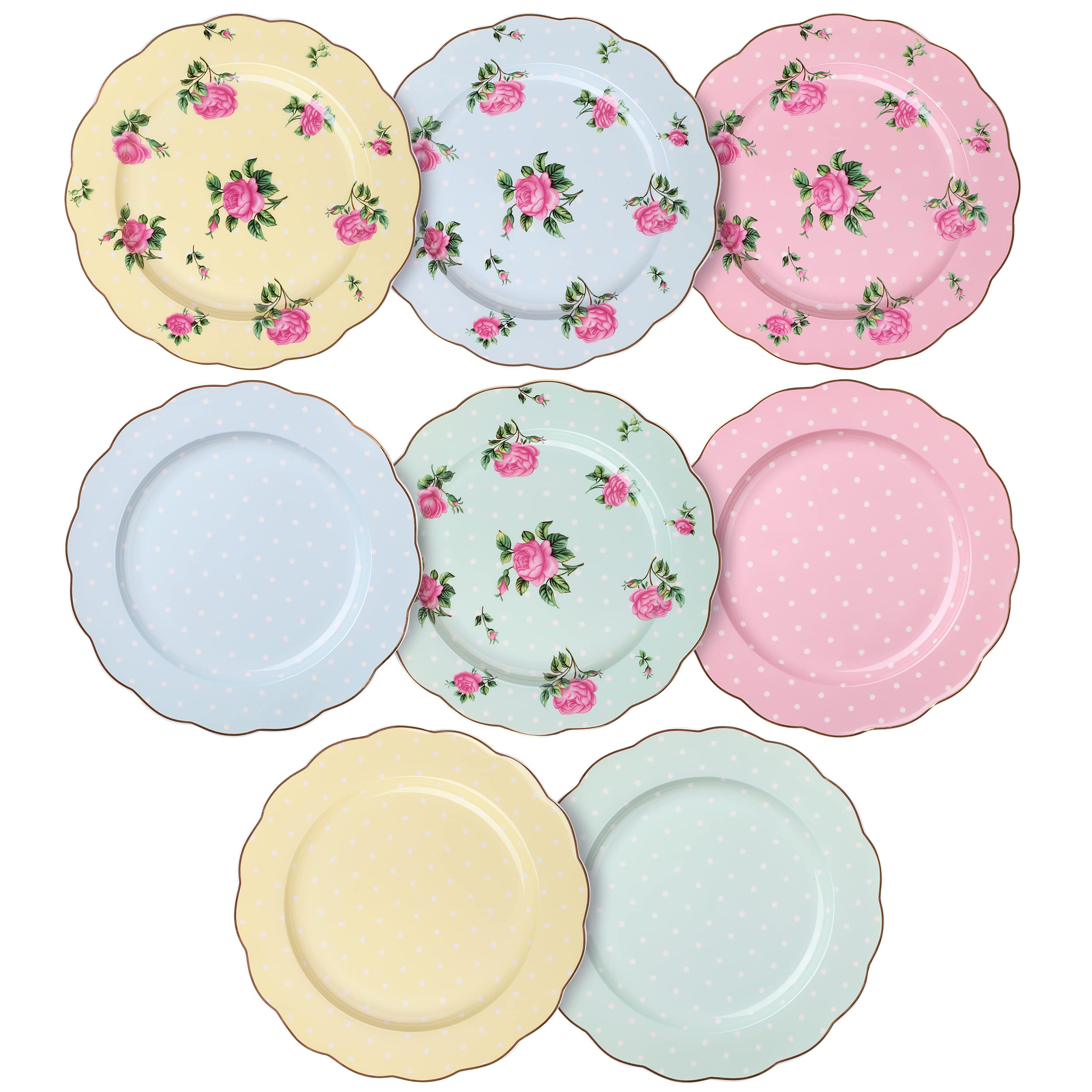 BTaT- Porcelain Floral Plates Set of 8, 8 Inch, Assorted Pastel Colors with Golden Rim, Floral Dessert Plates, Spring Dinnerware, Dishwasher & Freezer Safe, Mothers Day Gift
