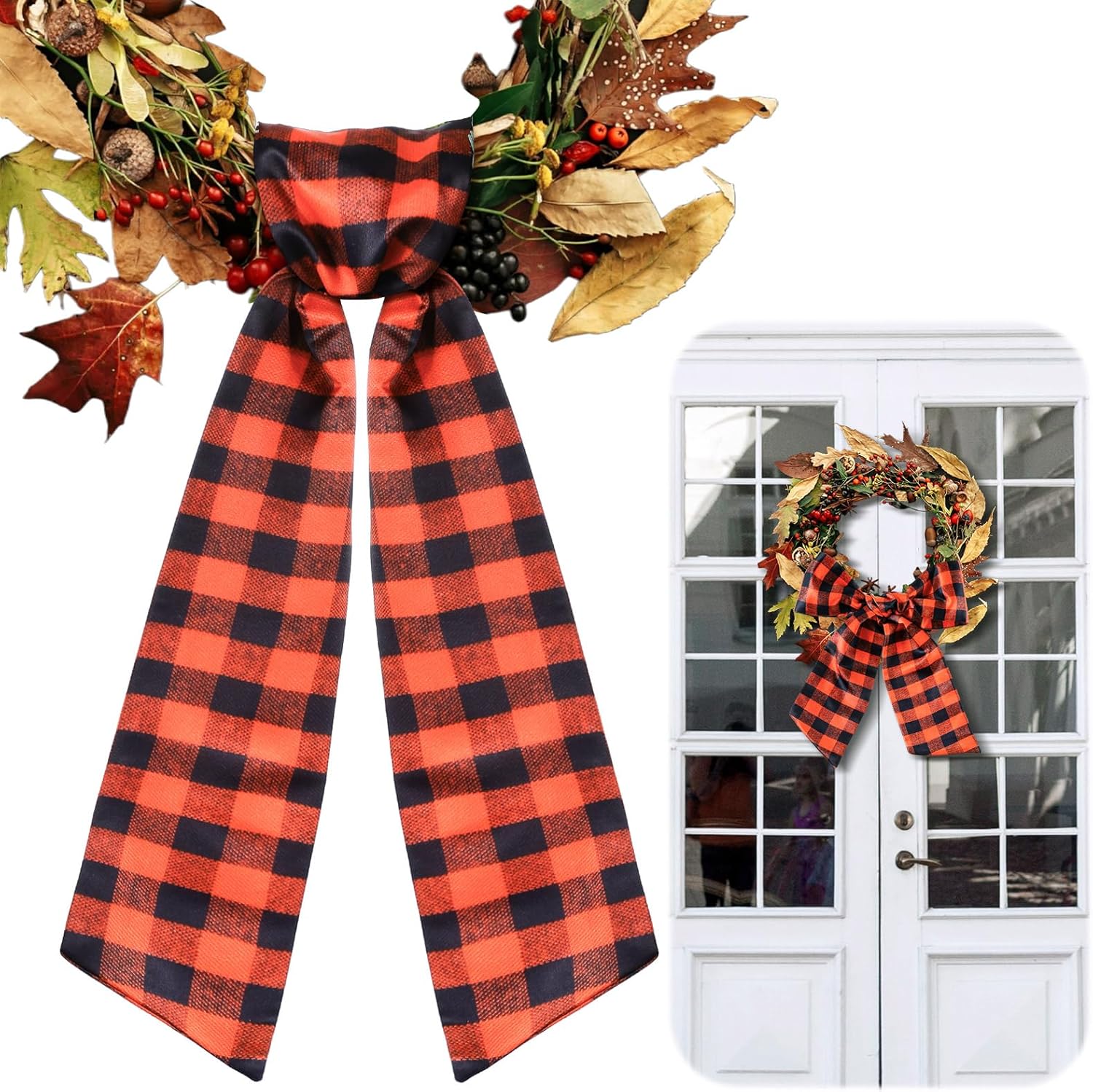 Regine Switzerland Wreath Sash - Satin Blank Sashes for Embroidery | Indoor/Outdoor Decor (Orange, Black, Fall Plaid)