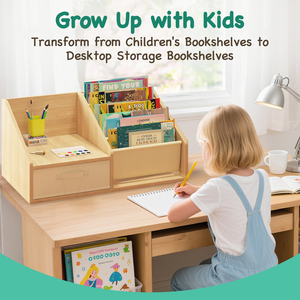 FKWin Kids Bookshelf with Seat - Forward-Facing Book Shelf for Kids Rooms, Nursery Bookcase with 5-Tier Montessori Shelf, Wooden