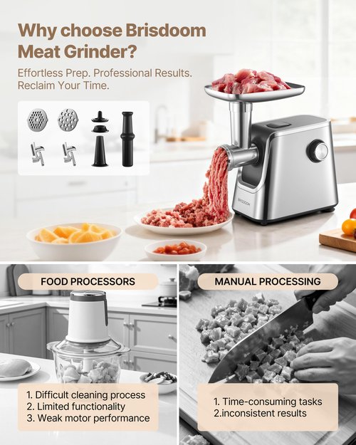 BRISDOOM Meat Grinder Electric 3000W Max with High-Efficiency Copper Motor, Auto-Reverse & Hidden Storage - 3-in-1 Sausage Stuffer & Kubbe Maker Making for Home Use, Stainless Steel