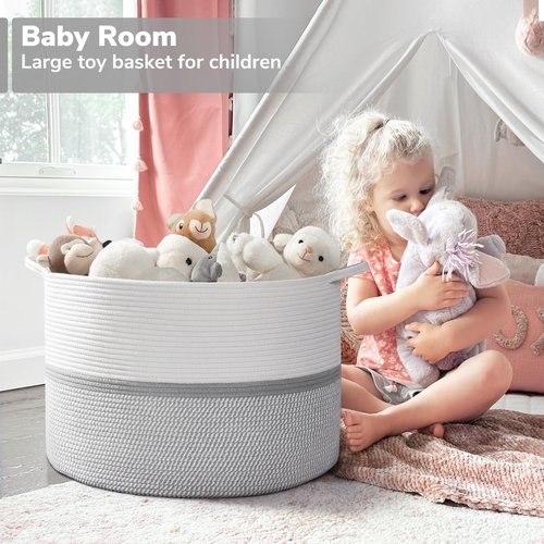 CHICVITA XXL Extra Large Cotton Rope Woven Basket with Handles, Throw Blanket Storage Basket, Decorative Clothes Hamper, 22" x 22" x 14", Gray