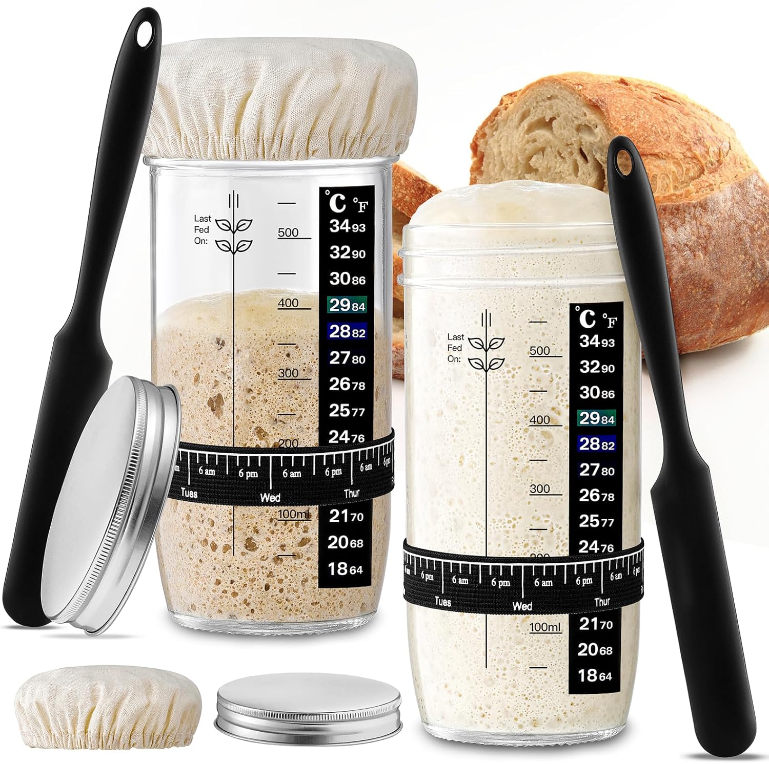 Skiennix Glass Sourdough Starter Jar Kit - 24 oz Wide Mouth with Date Marked Band & Thermometer