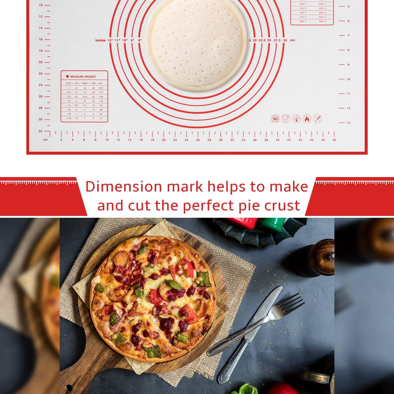 Skiennix Silicone Baking Mat - Non-Slip Pastry Mat with Measurements - BPA-Free, 24 x 16 Inches, Red | Includes Dough Scraper
