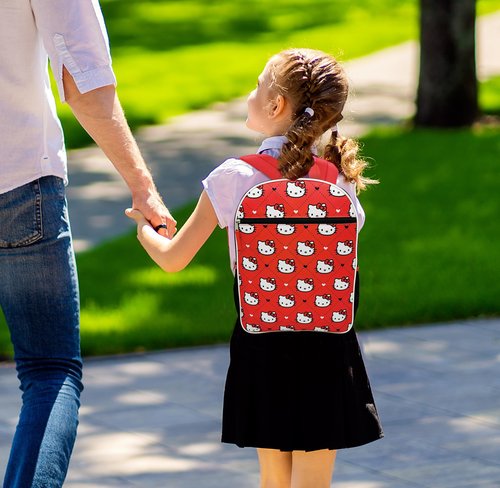 Hello Kitty Backpack for Girls 16 Inch Large School Backpack with Front Pocket, Water Bottle Holders, Adjustable Straps, Cute Red Bookbag for Kids, Back to School