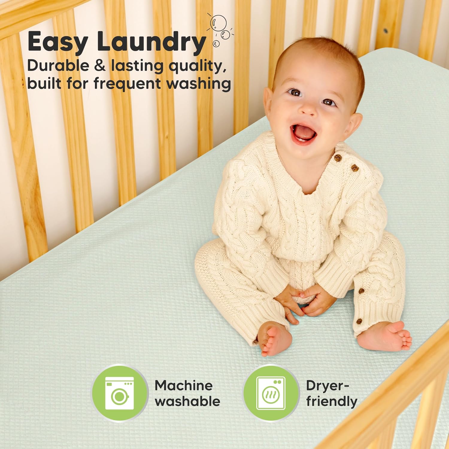 Skiennix 2-Pack Waterproof Crib Mattress Protector - Soft Quilted Cotton, Machine Washable, 52" x 28" (Soft Fern/Quin)
