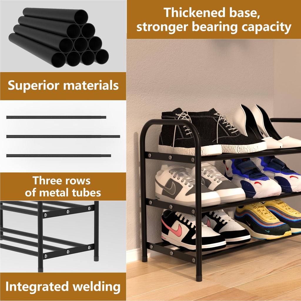 Flurose 3-Tier Expandable Shoe Rack, Adjustable Width Shoe Organizer for Closet & Entryway, Extendable Metal Shoe Rack for Inside Closet, Space-Saving Shoe Storage Shelf Stand – Black