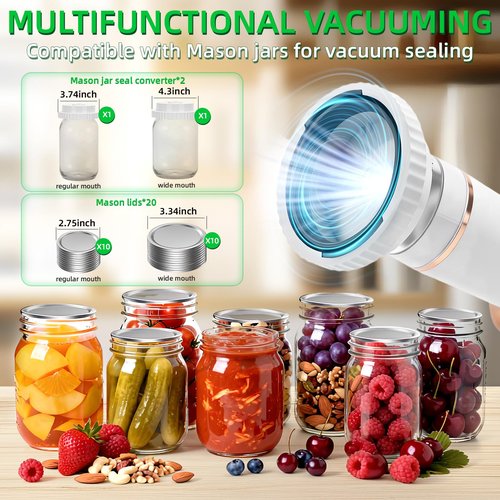 Kelongn 3-IN-1 Compact Vacuum Sealer for Food with Reusable Bags & Mason Jar Kit, Ultra-long 100-minutes Vacuuming Time, 6X Freshness Keep for Home Kitchen RV Travel Seal Meal