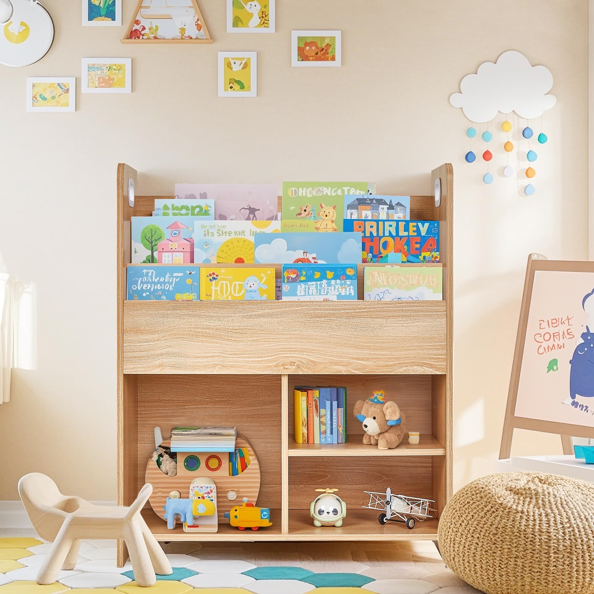 VECELO Kids Bookshelf with Toy Storage - Wooden Nursery Organizer for Books & Toys, Easy Assembly Playroom Shelf (Teak)