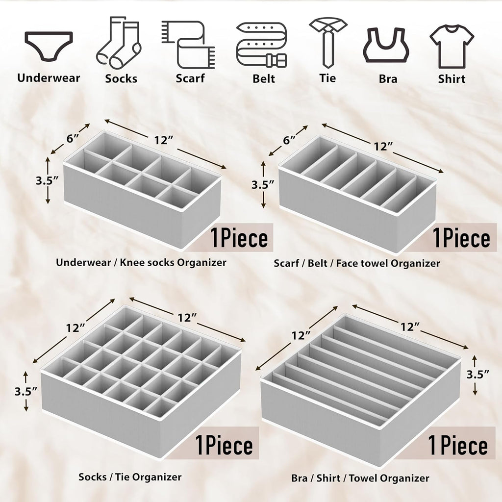 Simple Houseware Drawer Organizer Set - 4-Pack Closet Dividers for Underwear, Socks, Bras | Foldable Gray Storage Boxes