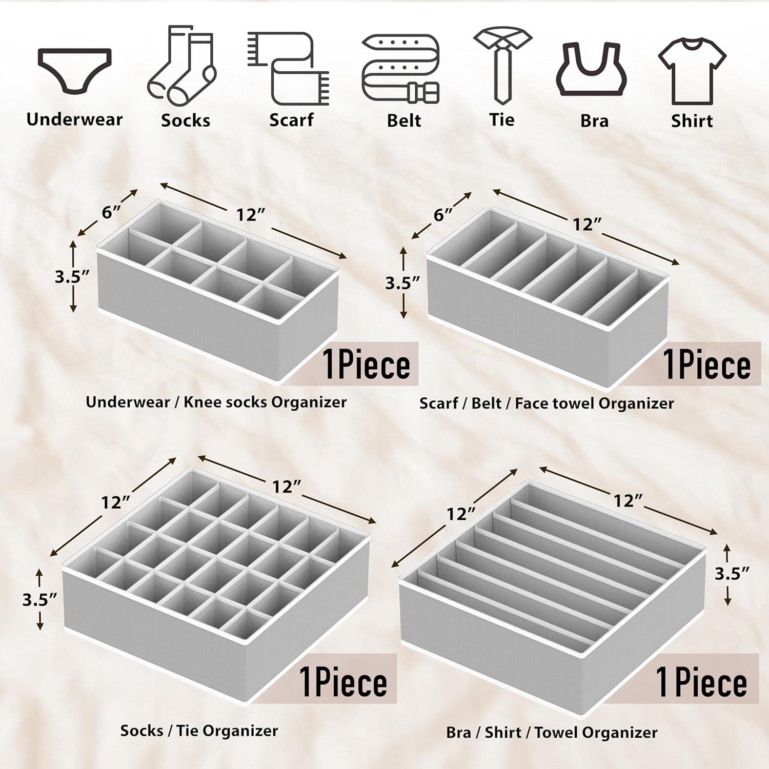 Simple Houseware Drawer Organizer Set - 4-Pack Closet Dividers for Underwear, Socks, Bras | Foldable Gray Storage Boxes