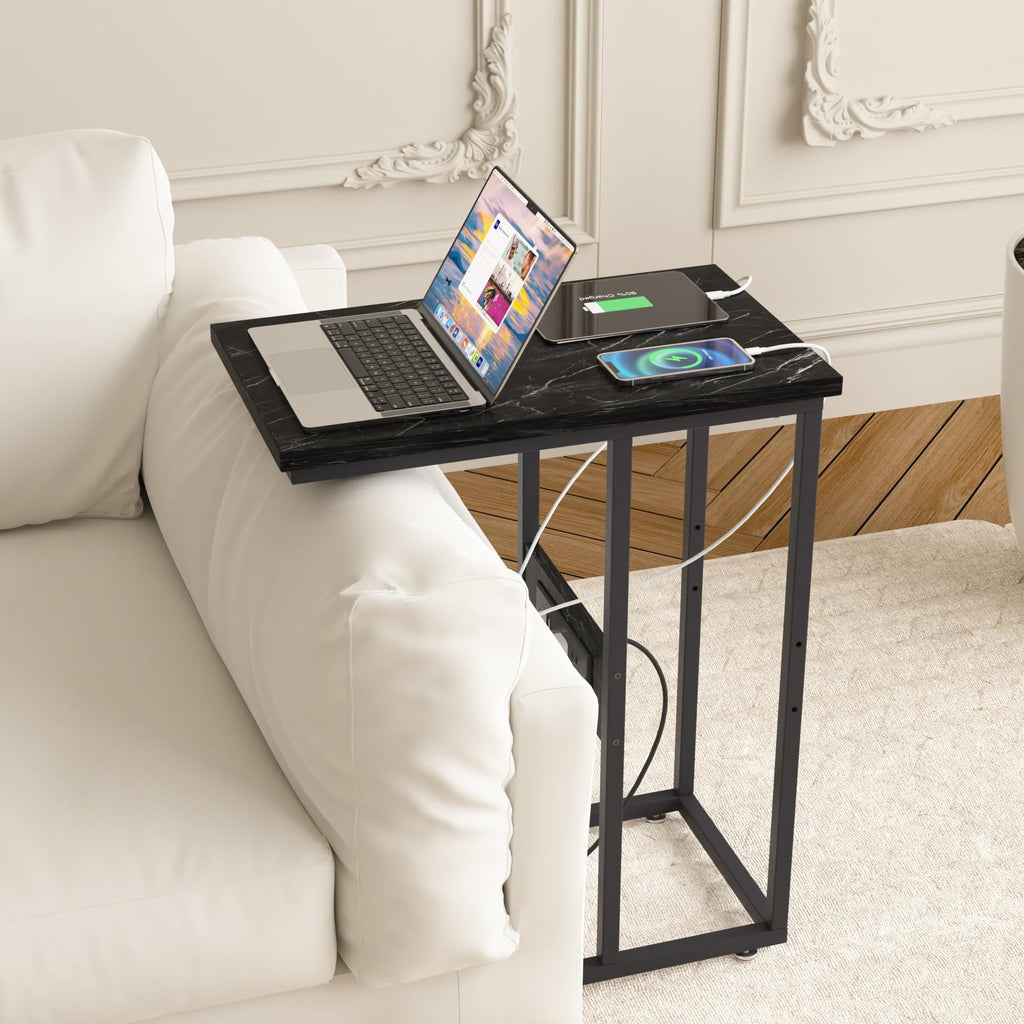 VECELO C-Shaped End Side Table with Charging Station & 2 USB Ports and Outlets for Living Room, Bedroom, with Adjustable Feet for Couch Sofa, Bedside, Small Spaces， Black Marble