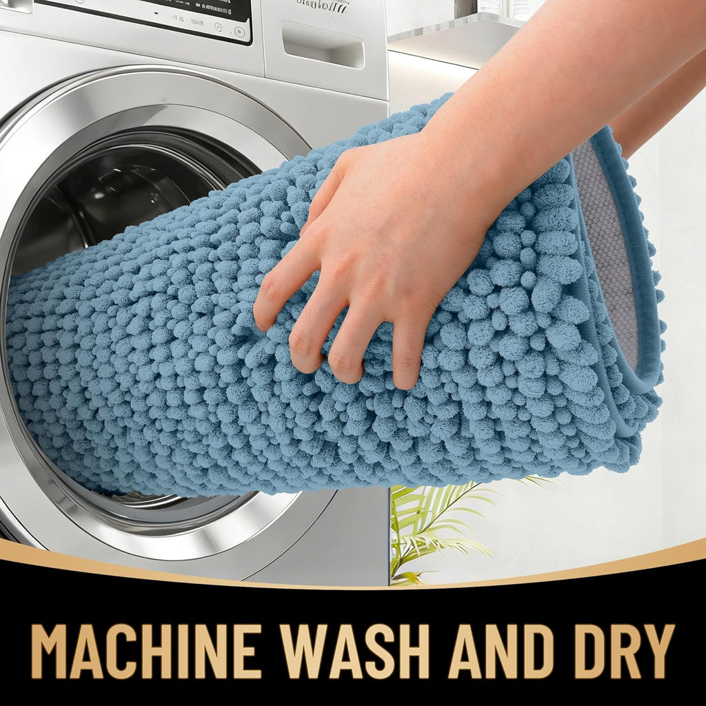 OLANLY Bath Rugs - Extra Soft Chenille, Absorbent & Non-Slip - 24x16 Inches, Airy Blue