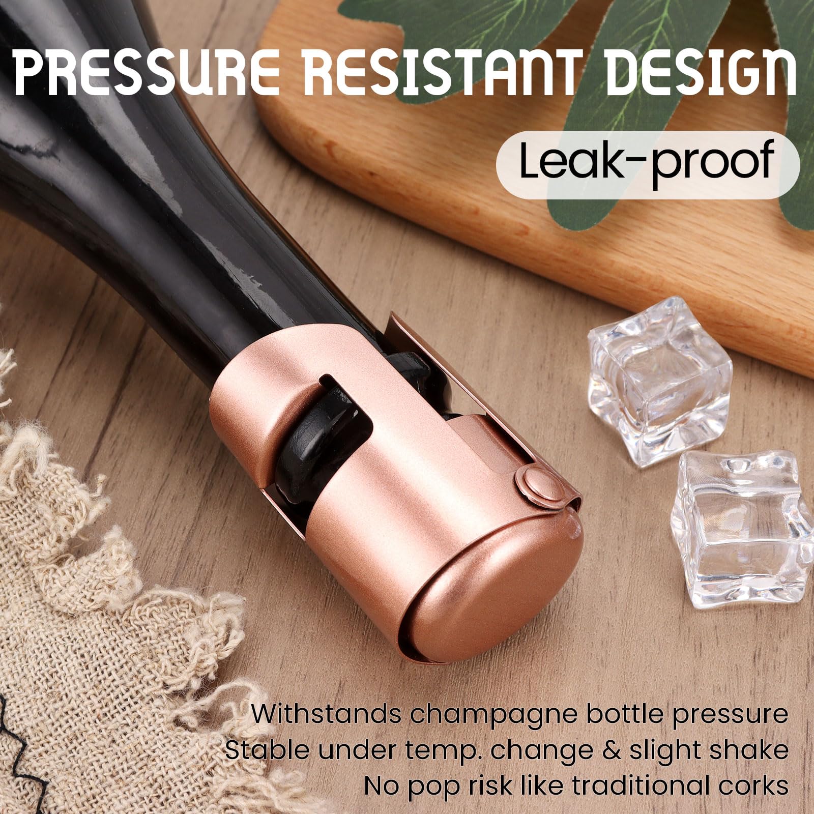 Champagne Stoppers Stainless Steel, Prosecco Sparkling Wine Bottle Stopper with Silicone Sealing Plug, Leak proof Keep Fresh Reusable Champagne Cork & Saver (Rosegold, 2 Pack)