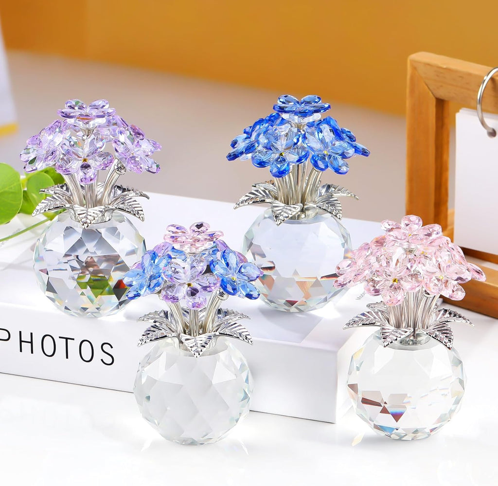 YWHL Blue Crystal Forget-Me-Not Flowers | Handmade Glass Bouquet Figurine for Tabletop Decor