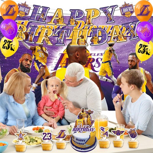 42Pcs Los Angeles Basketball Party Supplies Pack Includes，Banner，Cake Topper，Blackdrop,Balloons for The Laker party decoration